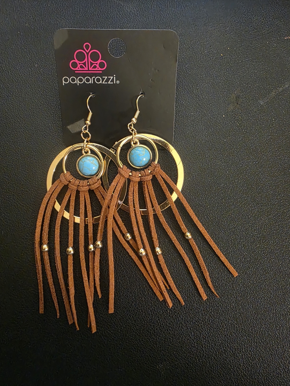 Paparazzi Gold Hoop Earrings with Turquoise Stone and Brown Fringe Tassels